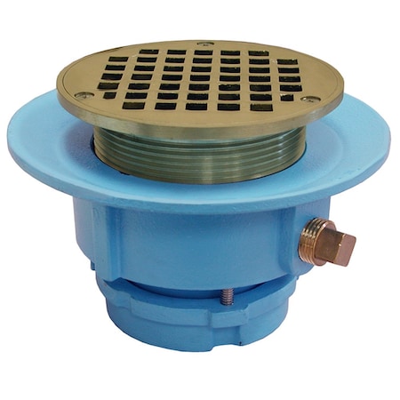 Jones Stephens 2in No Caulk Mechanical Joint Code Blue Slab Drain, 7in Pan, 4in Polished Brass Round Strainer D67002